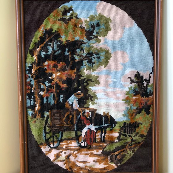 Countryside Horse & Wagon Completed Needlepoint Tapestry Vintage Framed Picture - Picture 1 of 5
